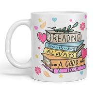 Vixar Tazza in ceramica colorata con scritta "Reading is Always a Good Idea", idea regalo, 330 ml, per lavoro, ufficio, tè, caffè (bianco)