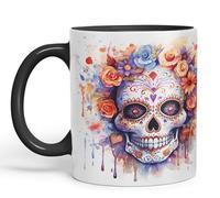 Vixar Tazza in ceramica colorata con teschio di zucchero e rose, per tè, caffè, hot brew, 330 ml, regalo sk5 (nero)