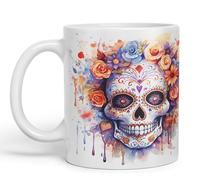 Vixar Tazza in ceramica colorata con teschio di zucchero e rose, per tè e caffè, 330 ml, idea regalo sk5 (bianco)