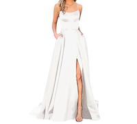 VIYUANH Elegante abito da donna lungo, con tasche, in raso, linea ad A, schiena scoperta, abito da sera, da matrimonio, sexy, con allacciatura al collo, da principessa, damigella d'onore
