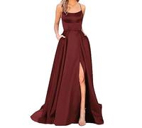 VIYUANH Elegante abito da donna lungo, con tasche, in raso, linea ad A, schiena scoperta, abito da sera, da matrimonio, sexy, con allacciatura al collo, da principessa, damigella d'onore