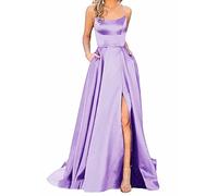 VIYUANH Elegante abito da donna lungo, con tasche, in raso, linea ad A, schiena scoperta, abito da sera, da matrimonio, sexy, con allacciatura al collo, da principessa, damigella d'onore