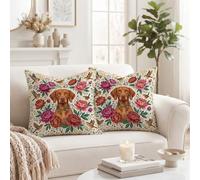 Vizsla - Set di 2 federe per cuscino con ritratto floreale di cane, 40,6 x | Composizione floreale botanica, federe per cuscini, accenti di uccelli canori, decorazione per il soggiorno della fattoria