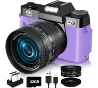 VJIANGER Fotocamera digitale 4K per fotografia 48MP WiFi Vlogging fotocamera con schermo flip a 180°, zoom digitale 16x, obiettivo grandangolare e macro da 52 mm, 2 batterie, scheda TF da 32 GB