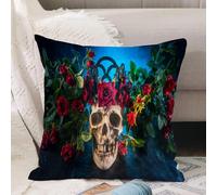 VJIZLOQB Fodera per Cuscino Decorativa Copricuscini,Federe Cuscini Divano, Decorazioni di Natale per Casa, Giardino,Teschio nella luce blu. Teschio con rose. Il giorno dei morti.,50x50cm