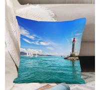 VJIZLOQB Fodera per Cuscino Decorativa Copricuscini,Federe Cuscini Divano, Decorazioni di Natale per Casa, Giardino,Faro, Giorno, Mare, Barche a vela, Faro, Rocce, Mare limpido, Nuvole, Isola,40x40cm