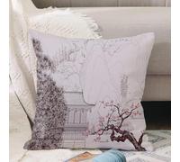 VJIZLOQB Fodera per Cuscino Decorativa Copricuscini,Federe Cuscini Divano, Decorazioni di Natale per Casa, Giardino,Asiatico, cinese religione costruzione alberi di ciliegio e forme di montag,40x40cm