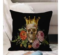 VJIZLOQB Fodera per Cuscino Decorativa Copricuscini,Federe Cuscini Divano, Decorazioni di Natale per Casa, Giardino,Ricamo corona dorata teschio e rose rosse. Arte del giorno della morte del,40x40cm