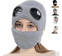 Vjyibpb 3-in-1 Unisex Knitted Goggles Beanie, Ski Mask with Goggles & Detachable Mask, with Face Mask & Ear Cover, Goggle Knitted Beanie Hat Windproof Warm Winter Skull cap for Men Women -Gray