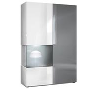 Vladon Armadio espositivo alto Morena, struttura in bianco opaco/anta destra e inserto in grigio lucido con illuminazione a LED