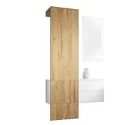 Vladon Carlton Hallway Set 2, Set per Il corridoio con 1 Pannello Appendiabiti, 1 cassettiera e 1 Specchio a Parete, Bianco Opaco/Rovere Naturale (105 x 193 x 35 cm)