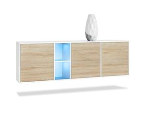 Vladon Cassettiera Cuba - bianco opaco/quercia segato grezzo incl. LED - Credenza moderna per la zona giorno - (LxAxP) 182x53x35 cm