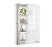 Vladon Credenza Canto, credenza alta a 2 ante e 8 scomparti, mobile bianco opaco, frontali bianchi lucidi, pannelli decorativi grigio sabbia lucido (95 x 151,5 x 36 cm)