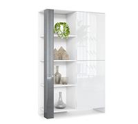Vladon Credenza Canto, credenza alta a 2 ante e 8 scomparti, mobile bianco opaco, frontali bianchi lucidi, pannelli decorativi grigio lucido (95 x 151,5 x 36 cm)
