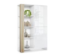 Vladon Credenza Canto, credenza alta a 2 ante e 8 scomparti, mobile bianco opaco, frontali bianchi lucidi, pannelli decorativi quercia segato grezzo (95 x 151,5 x 36 cm)