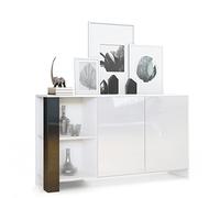 Vladon Credenza Canto, credenza lunga a 2 ante e 6 vani, mobile bianco opaco, frontali bianchi lucidi, pannelli decorativi nero lucido (143 x 81 x 36 cm)