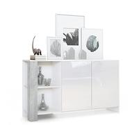 Vladon Credenza Canto, credenza lunga a 2 ante e 6 vani, mobile bianco opaco, frontali bianchi lucidi, pannelli decorativi ottica cermento ossido (143 x 81 x 36 cm)