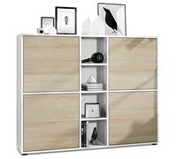 Vladon Credenza Cuba V3, bianco opaco/quercia segato grezzo - Credenza moderna con 12 scomparti (130,5 x 105,5 x 35,5 cm)