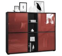 Vladon Credenza Cuba V3, nero opaco/bordeaux lucido - Credenza moderna con 12 scomparti (130,5 x 105,5 x 35,5 cm)
