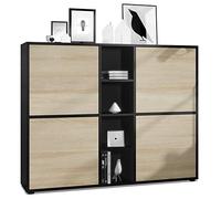 Vladon Credenza Cuba V3, nero opaco/quercia segato grezzo - Credenza moderna con 12 scomparti (130,5 x 105,5 x 35,5 cm)