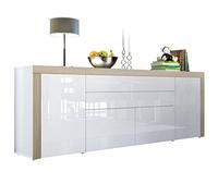 Vladon La Paz V2 Credenza, mobile con 2 ante, 2 cassetti e 2 ante a ribalta, bianco lucido/bianco lucido/quercia segato grezzo (200 x 72 x 35 cm)