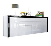 Vladon La Paz V2 Credenza, mobile con 2 ante, 2 cassetti e 2 ante a ribalta, bianco lucido/bianco lucido/nero lucido (200 x 72 x 35 cm)