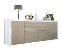 Vladon La Paz V2 Credenza, mobile con 2 ante, 2 cassetti e 2 ante a ribalta, bianco lucido/quercia segato grezzo/bianco lucido (200 x 72 x 35 cm)