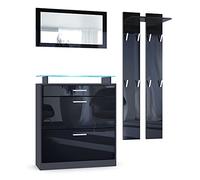 Vladon Loret Mini Hallway Set, Set da Ingresso con 1 scarpiera, 1 Specchio a Parete e 2 Pannelli Appendiabiti, Antracite/Nero Lucido (89 x 104 x 23 cm)