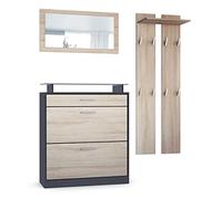 Vladon Loret Mini Hallway Set, Set da Ingresso con 1 scarpiera, 1 Specchio a Parete e 2 Pannelli Appendiabiti, Antracite/Rovere Grezzo (89 x 104 x 23 cm)