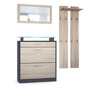 Vladon Loret Mini Hallway Set, Set da Ingresso con 1 scarpiera, 1 Specchio a Parete e 2 Pannelli Appendiabiti, Antracite/Rovere Grezzo (89 x 104 x 23 cm)