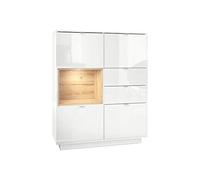 Vladon Madia Metro, struttura in bianco lucido/frontale in bianco lucido con inserto in rovere naturale, illuminazione a LED inclusa.