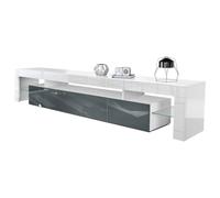 Vladon Mobiletto Lima V2, Mobile TV con 2 Ante a ribalta, 1 vano a Giorno e 2 Ripiani in Vetro, Bianco Lucido/Grigio Lucido (189 x 38 x 35 cm)