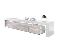 Vladon Mobiletto Lima V2, Mobile TV con 2 Ante a ribalta, 1 vano a Giorno e 2 Ripiani in Vetro, Bianco Lucido/Grigio Sabbia Lucido (189 x 38 x 35 cm)