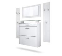 Vladon Set da corridoio Malea, Set da corridoio con 1 scarpiera a Muro, 1 Specchio a Muro e 2 Pannelli Appendiabiti, Bianco Opaco/Bianco Opaco