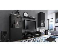 Vladon Set da Soggiorno Movie, Parete attrezzata con 1 Mobile TV, 2 vetrine e 1 scaffale, Nero Opaco/Nero Opaco/Nero Lucido (Totale: 300 x 190 x 39 cm)