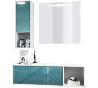 Vladon Set di mobili da Bagno Mobile Contenitore La Costa, Struttura in Bianco Opaco/Frontali in Petrolio con Specchio LED
