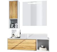 Vladon Set di mobili da Bagno Mobile Contenitore La Costa, Struttura in Bianco Opaco/Frontali in Rovere Naturale con lavabo da appoggio e Specchio LED