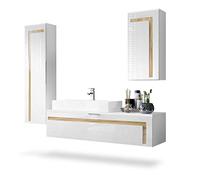 Vladon Set di mobili per Il Bagno Mobile Contenitore Aloha, Struttura in Bianco Opaco/Frontali in Bianco Lucido e Inserti in Rovere Naturale, con lavabo d'appoggio