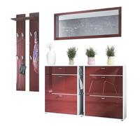 Vladon Set Guardaroba Orlando con scarpiera, Pannello a Muro e Specchio a Parete, Bianco Opaco/Bordeaux Lucido