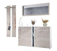 Vladon Set Guardaroba Orlando con scarpiera, Pannello a Muro e Specchio a Parete, Bianco Opaco/Grigio Sabbia Lucido