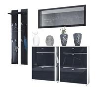 Vladon Set Guardaroba Orlando con scarpiera, Pannello a Muro e Specchio a Parete, Bianco Opaco/Nero Lucido
