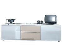 Vladon Tavolino TV Linio V1, Tavolo TV con 2 Ante e 2 cassetti - Bianco/Grigio Sabbia Lucido (138,5 x 37,5 x 35 cm)
