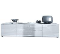 Vladon Tavolino TV Linio V2, Tavolo TV con 2 Ante e 2 cassetti - Bianco/Bianco Lucido (166,5 x 37,5 x 35 cm)