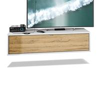 Vladon TV Board Lana 120 Mobile da Parete Porta TV 120 x 29 x 37 cm, Struttura in Bianco Opaco, Frontali in Rovere Nature | Ampia Scelta di Colori