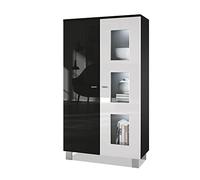 Vladon Vetrina Denjo, vetrina autoportante con 2 ante e 3 pannelli in vetro, nero opaco/nero lucido/bianco lucido, illuminazione LED inclusa