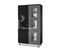 Vladon Vetrina Denjo, vetrina autoportante con 2 ante e 3 pannelli in vetro, nero opaco/nero lucido/grigio lucido, illuminazione a LED inclusa