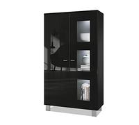 Vladon Vetrina Denjo, vetrina autoportante con 2 ante e 3 pannelli in vetro, nero opaco/nero lucido, illuminazione LED inclusa