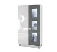Vladon Vetrina Denjo, vetrina indipendente con 2 ante e 3 pannelli in vetro, bianco opaco/bianco lucido/grigio lucido, illuminazione a LED inclusa.