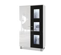 Vladon Vetrina Denjo, vetrina indipendente con 2 ante e 3 pannelli in vetro, bianco opaco/bianco lucido/nero lucido, illuminazione a LED inclusa.
