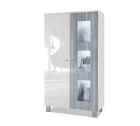Vladon Vetrina Denjo, vetrina indipendente con 2 ante e 3 pannelli in vetro, bianco opaco/bianco lucido/avola antracite, illuminazione a LED inclusa.
